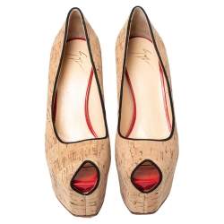 Giuseppe Zanotti Beige Cork Liza Peep Toe Platform Pumps Size 38