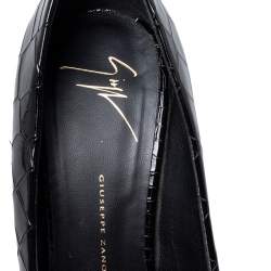 Pre Owned حذاء كعب عالي جوسيبي زانوتي نعل سميك مقدمة مفتوحة شارون جلد نقش تمساح لامع أسود مقاس 38