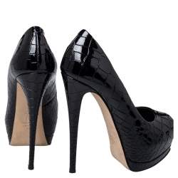 Pre Owned حذاء كعب عالي جوسيبي زانوتي نعل سميك مقدمة مفتوحة شارون جلد نقش تمساح لامع أسود مقاس 38