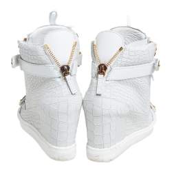Pre Owned Giuseppe Zanotti White Croc Embossed Leather Lorenz Wedge High Top Sneakers Size 39