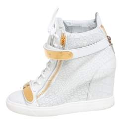 Pre Owned Giuseppe Zanotti White Croc Embossed Leather Lorenz Wedge High Top Sneakers Size 39