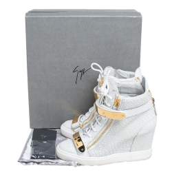 Pre Owned Giuseppe Zanotti White Croc Embossed Leather Lorenz Wedge High Top Sneakers Size 39