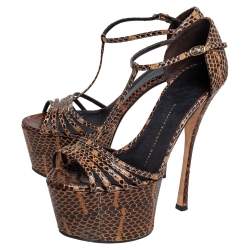 Giuseppe Zanotti Brown/Beige Python  Leather T Strap Sasha Platform Sandals Size 37