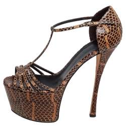 Giuseppe Zanotti Brown/Beige Python  Leather T Strap Sasha Platform Sandals Size 37