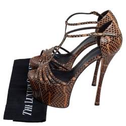 Giuseppe Zanotti Brown/Beige Python  Leather T Strap Sasha Platform Sandals Size 37