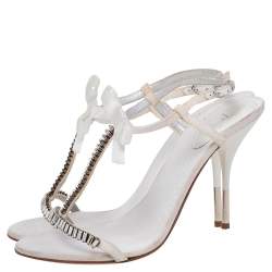 Giuseppe Zanotti White Fabric And Satin Embellished Ankle Strap Sandals Size 37.5