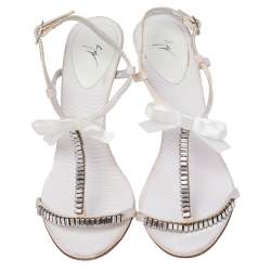 Giuseppe Zanotti White Fabric And Satin Embellished Ankle Strap Sandals Size 37.5