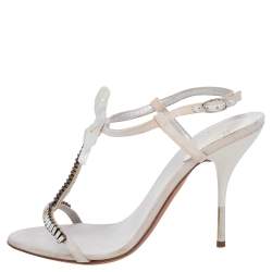 Giuseppe Zanotti White Fabric And Satin Embellished Ankle Strap Sandals Size 37.5