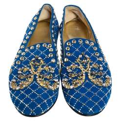 Pre Owned Giuseppe Zanotti Blue Suede Studded Smoking Slippers Size 39