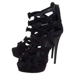 Pre Owned Giuseppe Zanotti Black Suede Buckle Detail Platform Cage Sandals Size 40