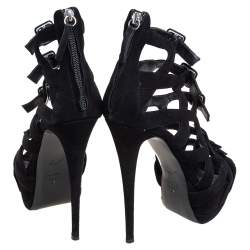 Pre Owned Giuseppe Zanotti Black Suede Buckle Detail Platform Cage Sandals Size 40