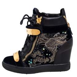 Pre Owned Giuseppe Zanotti Black Leather and Velvet Embroidered Lorenz Wedge Sneakers Size 36