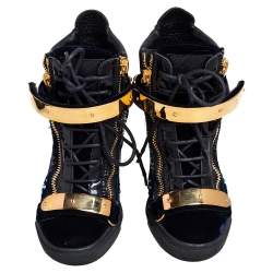 Pre Owned Giuseppe Zanotti Black Leather and Velvet Embroidered Lorenz Wedge Sneakers Size 36