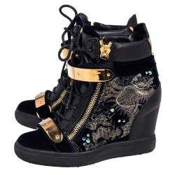 Pre Owned Giuseppe Zanotti Black Leather and Velvet Embroidered Lorenz Wedge Sneakers Size 36