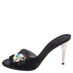 Pre Owned Giuseppe Zanotti Blue Satin Crystal Embellished Peep Toe Mule Sandals Size 40