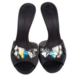 Pre Owned Giuseppe Zanotti Blue Satin Crystal Embellished Peep Toe Mule Sandals Size 40