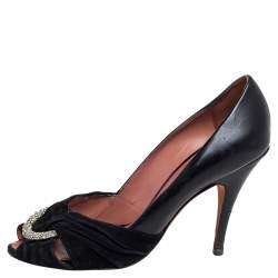 Pre Owned Giuseppe Zanotti Black Leather and Suede Crystal Embellished Peep Toe Pumps Size 37.5
