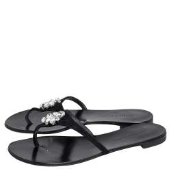 Pre Owned Giuseppe Zanotti Black Suede Crystal Embellished Thong Flats Size 38