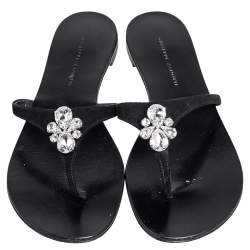 Pre Owned Giuseppe Zanotti Black Suede Crystal Embellished Thong Flats Size 38