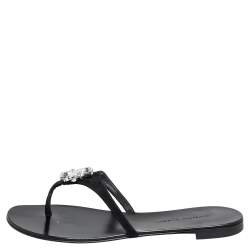 Pre Owned Giuseppe Zanotti Black Suede Crystal Embellished Thong Flats Size 38