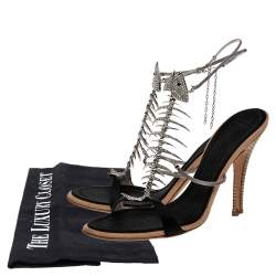 Pre Owned Giuseppe Zanotti Black Satin Crystal Encrusted Fish Bone Embellished Sandals Size 39