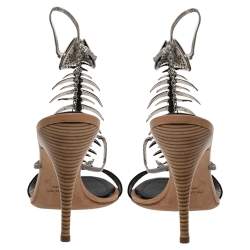 Pre Owned Giuseppe Zanotti Black Satin Crystal Encrusted Fish Bone Embellished Sandals Size 39