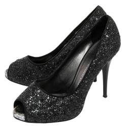 Pre Owned حذاء كعب عالي جوسيبي زانوتي مقدمة مفتوحة شارون غليتر أسود مقاس 37.5