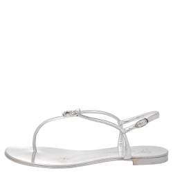 Pre Owned Giuseppe Zanotti Silver Leather Crystal Embellished Thong Flats Size 38.5