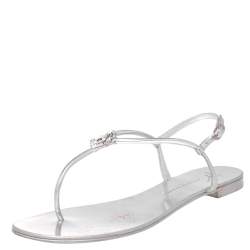 Pre Owned Giuseppe Zanotti Silver Leather Crystal Embellished Thong Flats Size 38.5