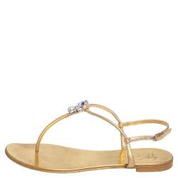 Pre Owned Giuseppe Zanotti Gold Leather Thong Flat Sandals Size 38.5