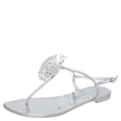 Pre Owned Giuseppe Zanotti Silver Leather Crystal Embellished Thong Flats Size 38.5