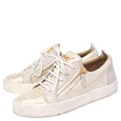 Pre Owned Giuseppe Zanotti Gold/Cream Python Embossed Leather And Leather Double Zip Low Top Sneakers Size 39