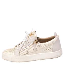 Pre Owned Giuseppe Zanotti Gold/Cream Python Embossed Leather And Leather Double Zip Low Top Sneakers Size 39