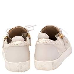 Pre Owned Giuseppe Zanotti Gold/Cream Python Embossed Leather And Leather Double Zip Low Top Sneakers Size 39