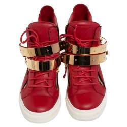 Pre Owned Giuseppe Zanotti Red Leather London Double Buckle High Top Sneakers Size 39 