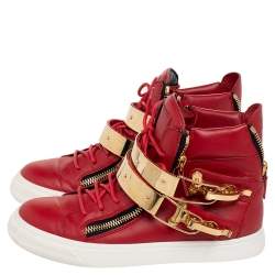Pre Owned Giuseppe Zanotti Red Leather London Double Buckle High Top Sneakers Size 39 