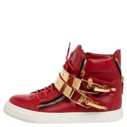 Pre Owned Giuseppe Zanotti Red Leather London Double Buckle High Top Sneakers Size 39 