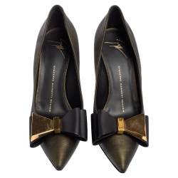 Pre Owned Giuseppe Zanotti Metallic Bronze Leather Bow Embellished Pointed Toe Pumps  Size 37.5