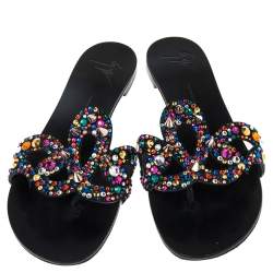 Pre Owned Giuseppe Zanotti Black Suede Crystal Embellished Flats Size 38 