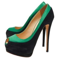 Giuseppe Zanotti Black/Green Satin and Suede Peep Toe Platform Pumps Size 36