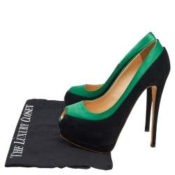 Giuseppe Zanotti Black/Green Satin and Suede Peep Toe Platform Pumps Size 36