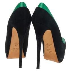 Giuseppe Zanotti Black/Green Satin and Suede Peep Toe Platform Pumps Size 36