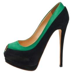 Giuseppe Zanotti Black/Green Satin and Suede Peep Toe Platform Pumps Size 36
