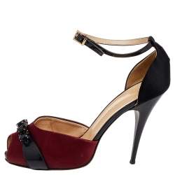 Pre Owned Giuseppe Zanotti Black/Burgundy Satin And Leather Slingback Sandals Size 38