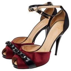 Pre Owned Giuseppe Zanotti Black/Burgundy Satin And Leather Slingback Sandals Size 38