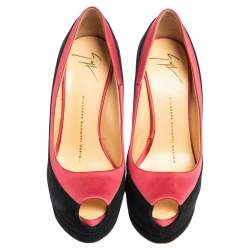 Pre Owned Giuseppe Zanotti Black/Pink Suede and Satin Peep Toe Platform Pumps Size 36