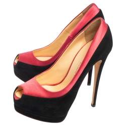 Pre Owned Giuseppe Zanotti Black/Pink Suede and Satin Peep Toe Platform Pumps Size 36