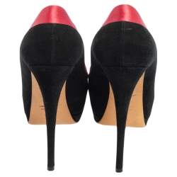 Pre Owned Giuseppe Zanotti Black/Pink Suede and Satin Peep Toe Platform Pumps Size 36