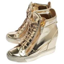 Pre Owned Giuseppe Zanotti Rose Gold Leather High Top Wedge Sneakers 37