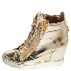 Pre Owned Giuseppe Zanotti Rose Gold Leather High Top Wedge Sneakers 37
